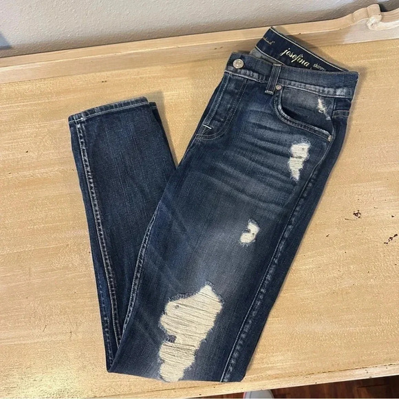 7 For All Mankind Josefina Skinny Boyfriend Jeans Size 26 Dark Wash Distressed - Picture 5 of 13